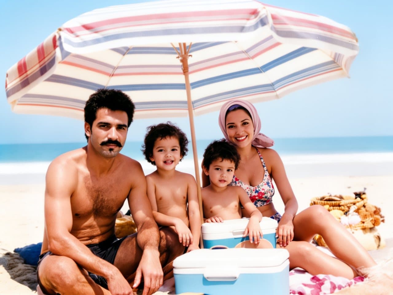 Foto restaurada de uma família sob um guarda-sol listrado na praia, com as cores recuperadas