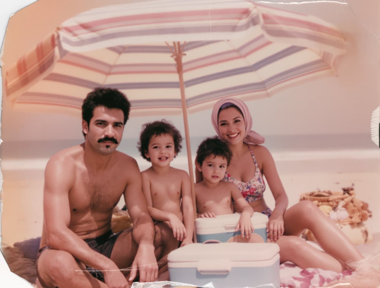Foto desbotada e dobrada de uma família na praia sob um guarda-sol listrado