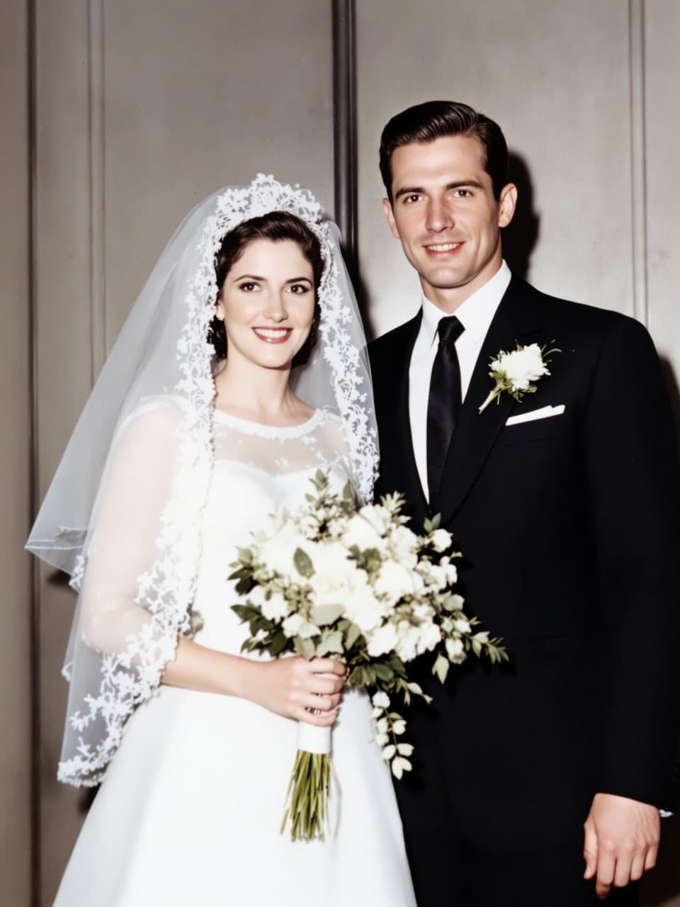 Foto de casamento restaurada e colorida: noiva de véu de renda com buquê branco e noivo de terno escuro