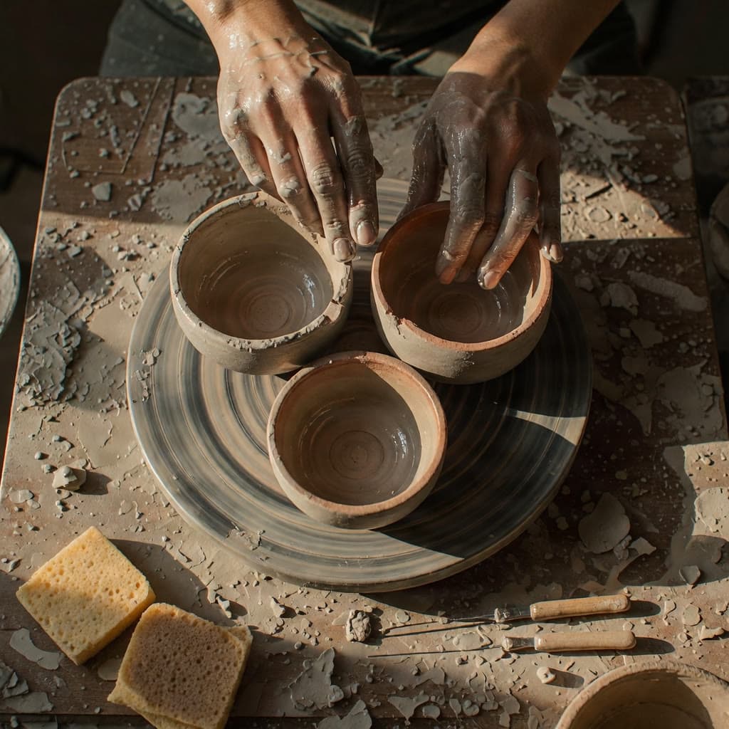 Clay-slick hands at the potter's wheel, made on Leap