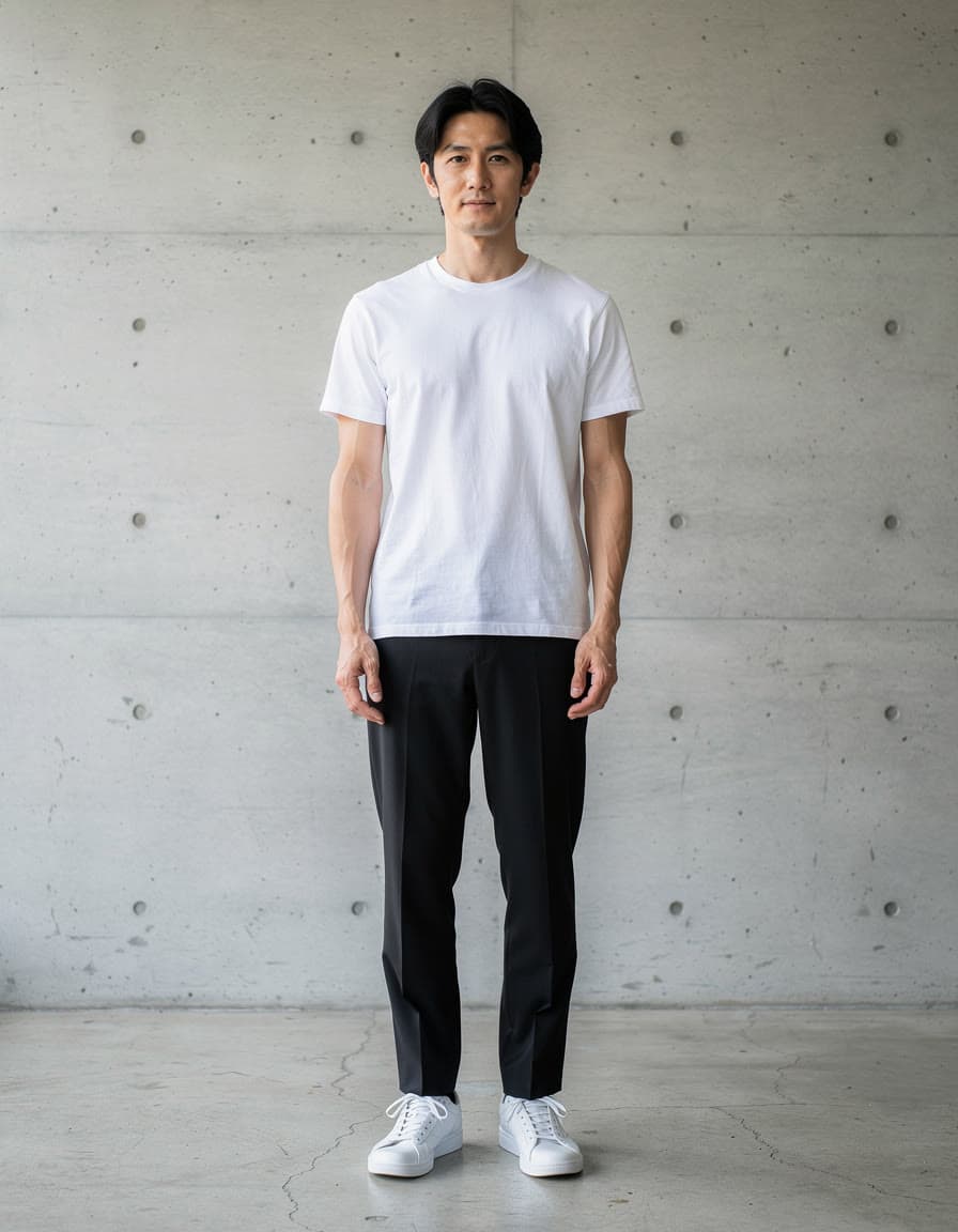 A man in a white T-shirt and black trousers against a concrete wall