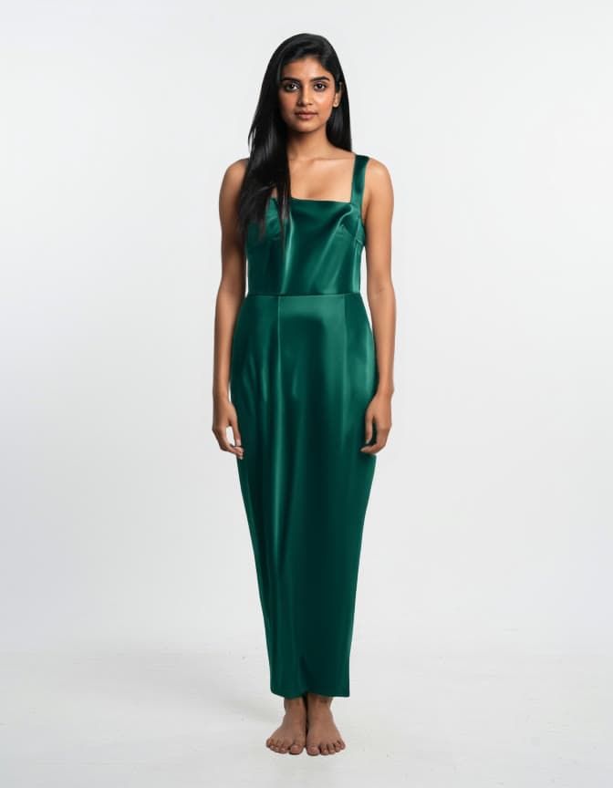 An emerald satin dress, from flat-lay to worn, a real run on Leap