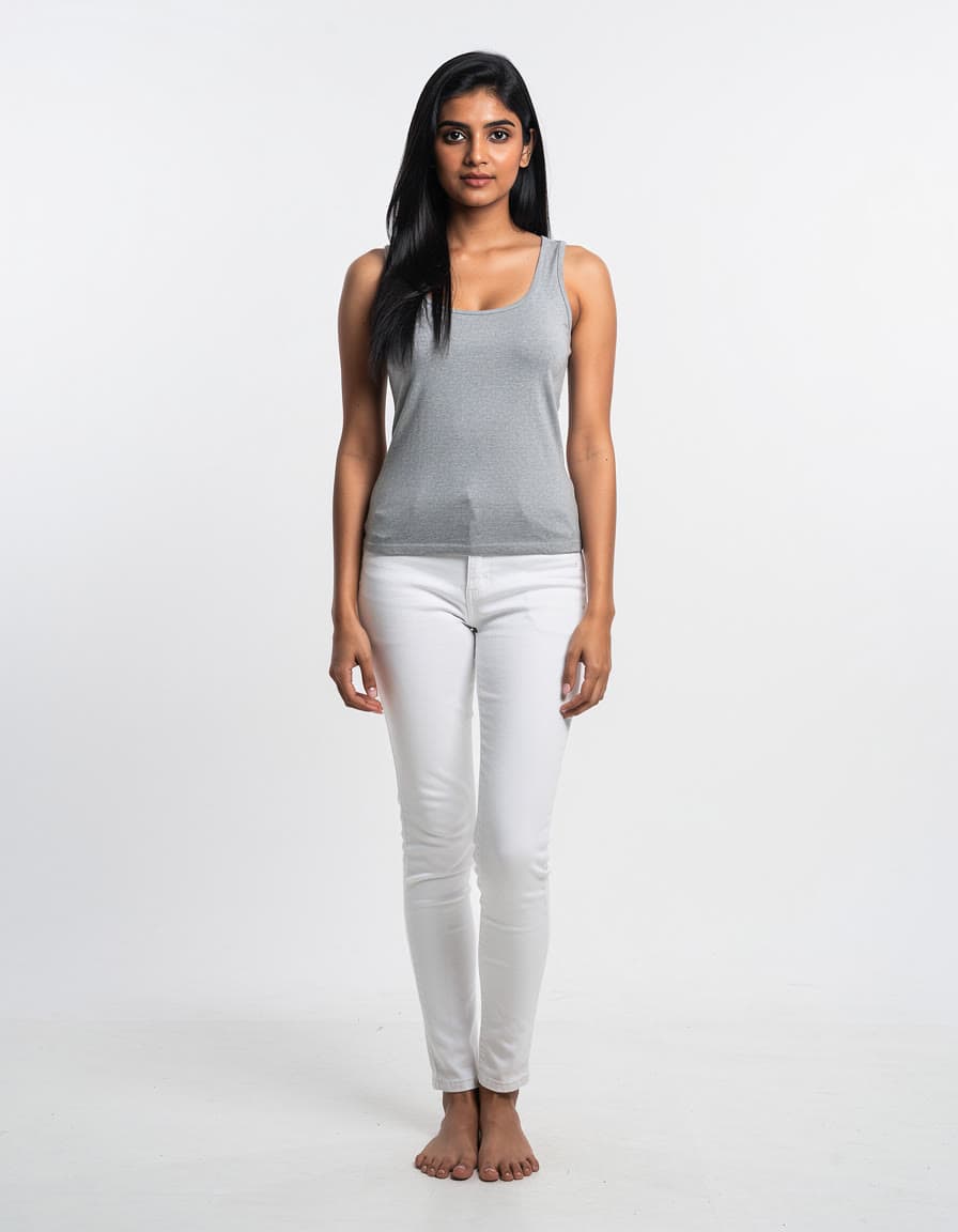 A woman in a grey tank top and white jeans on a white backdrop