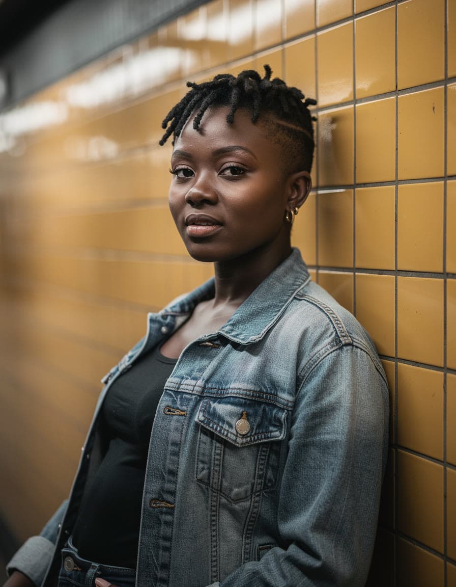 A woman with short locs in a denim jacket, leaning on a yellow tiled wall