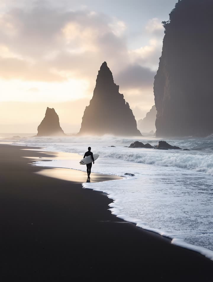 A surfer walking a black sand beach at sunrise under sea stacks