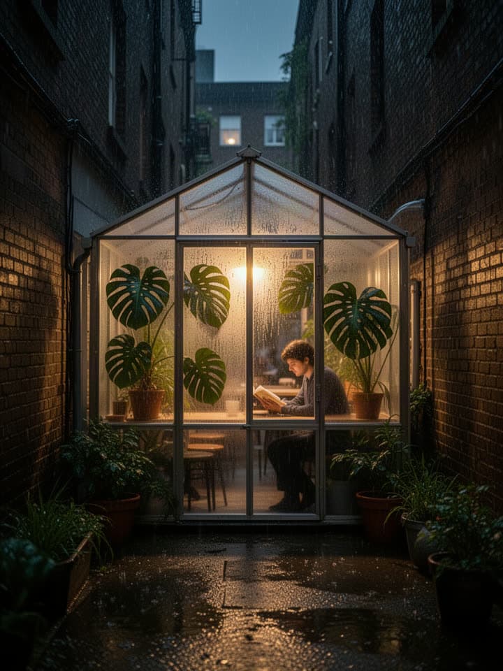 A greenhouse cafe in a rainy alley, a real run on Leap