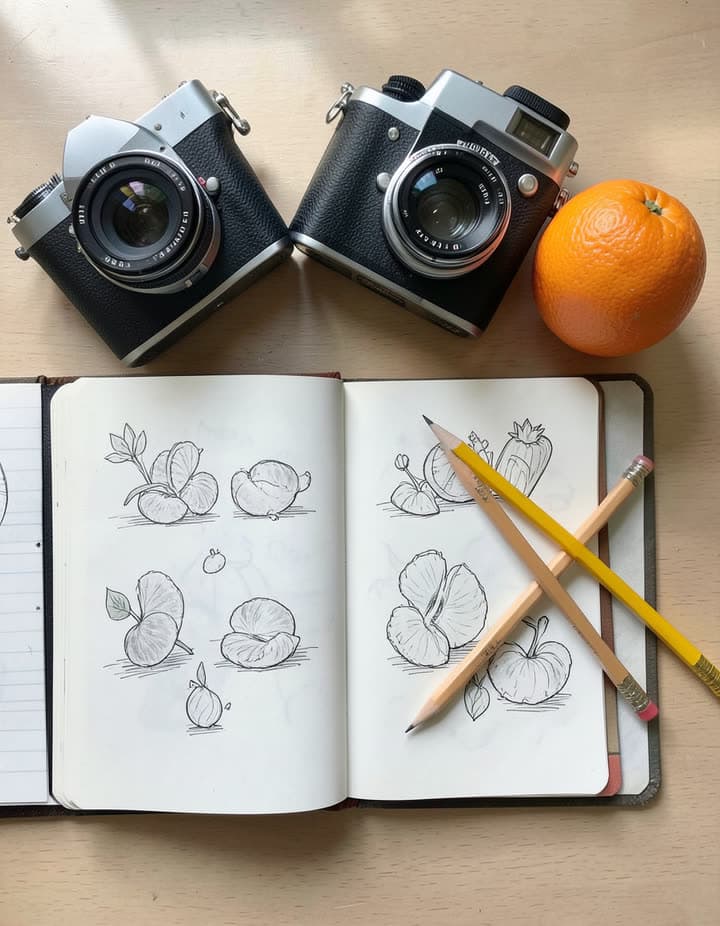 A sketchbook desk with a tangerine, a real run on Leap