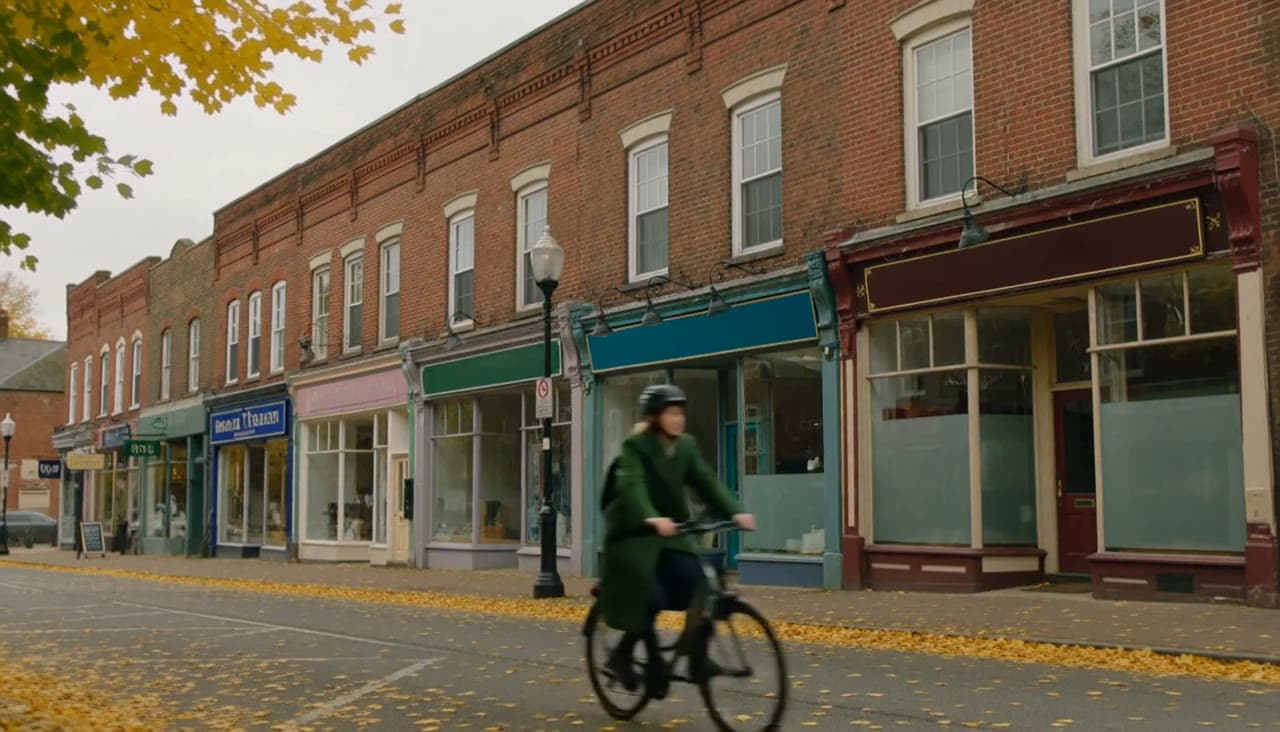 A frame of the clip it started from: the same street on an autumn afternoon