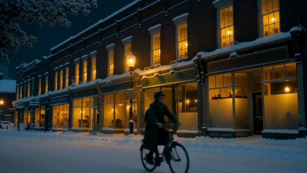 A cyclist rides down a small-town main street at night in heavy snow, shop windows glowing