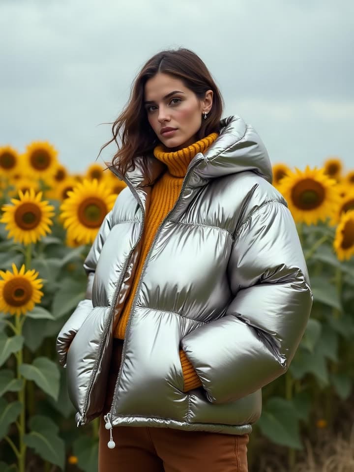 A chrome puffer jacket in a sunflower field, a real run on Leap