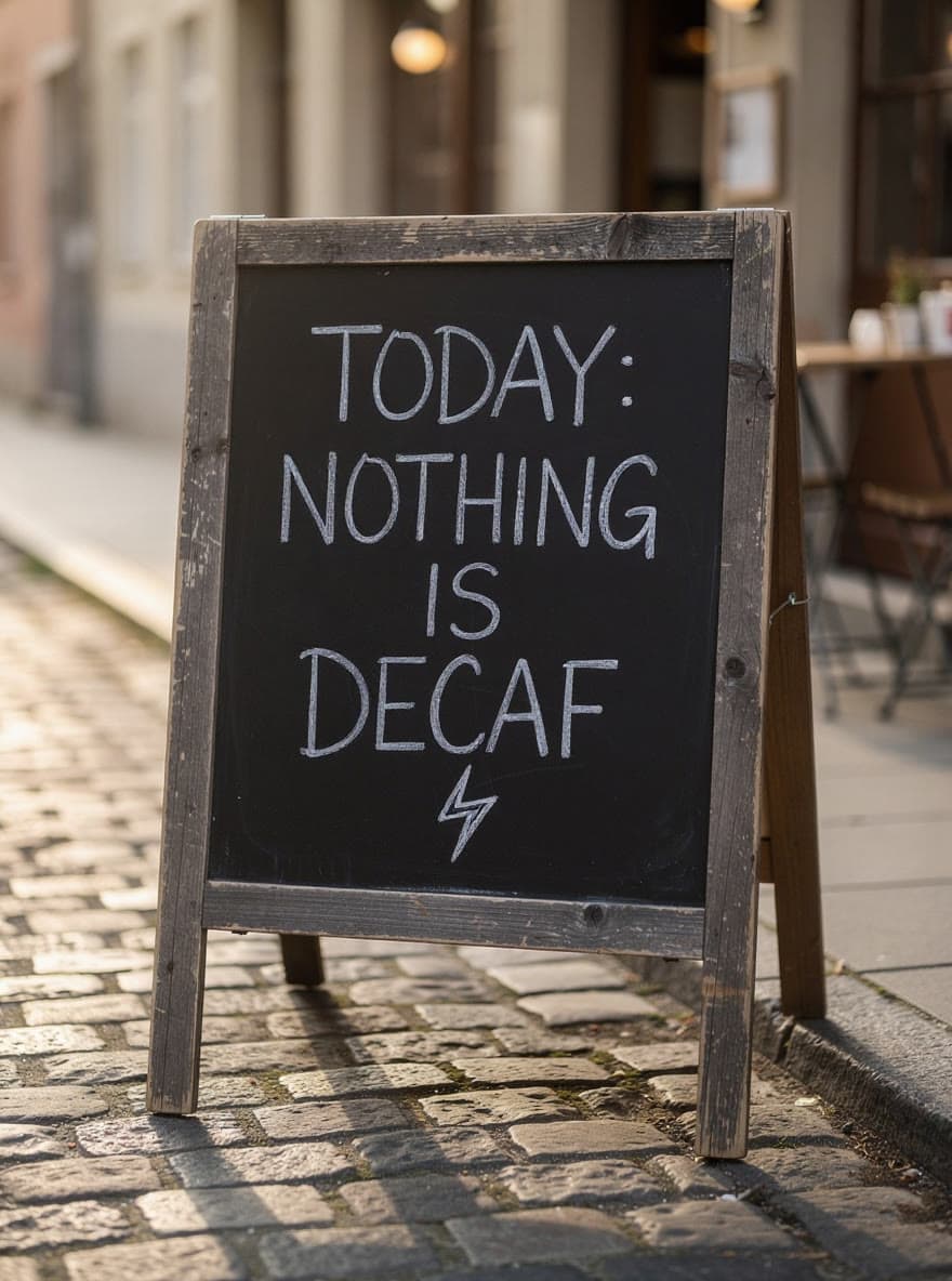 The same chalkboard, now reading Today: nothing is decaf