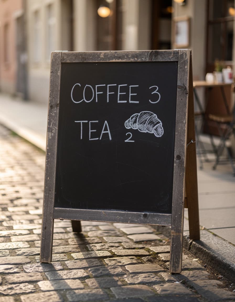 A cafe chalkboard on a cobbled street listing coffee and tea