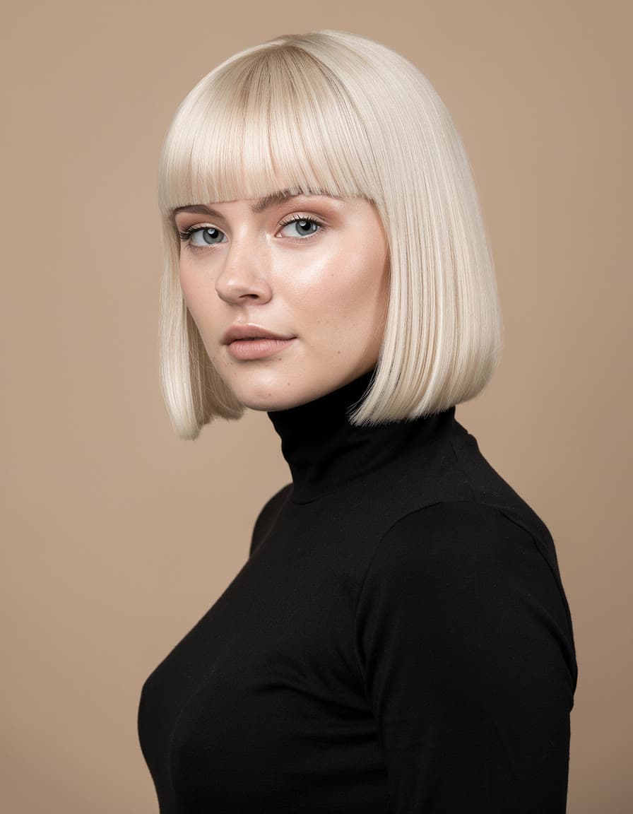 A woman with a platinum bob and a black turtleneck against a beige backdrop