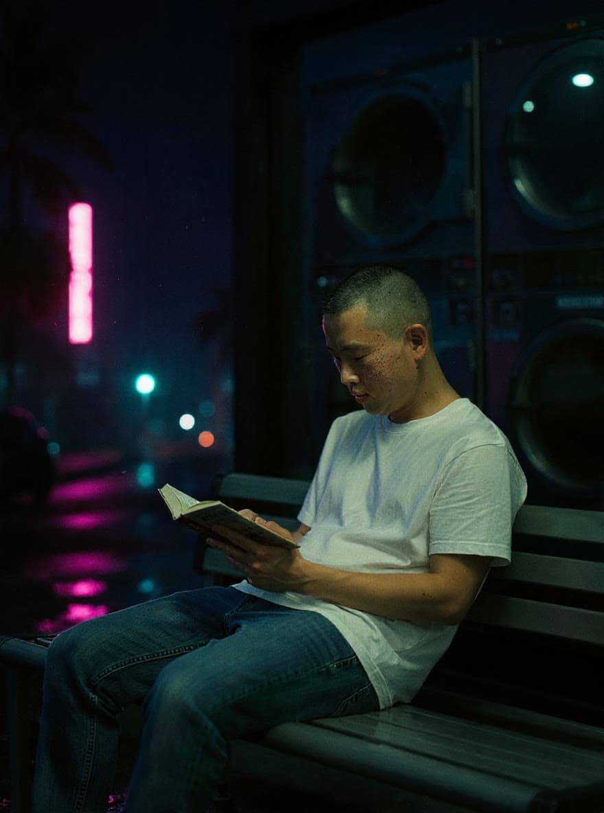 A man in a white t-shirt reads in a laundromat at night, neon through the window
