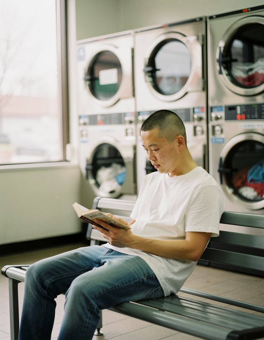 A man in a white T-shirt reading a book on a bench in a laundromat by day