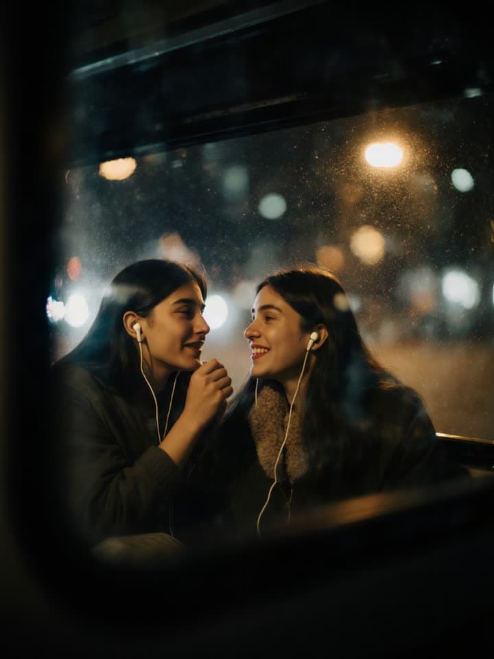 Two friends share a pair of earbuds on a night bus