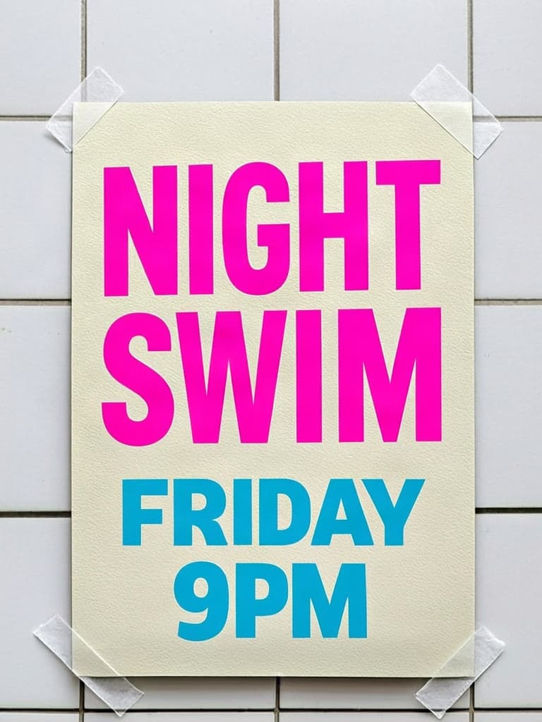A risograph poster: Night Swim, Friday 9PM, made on Leap