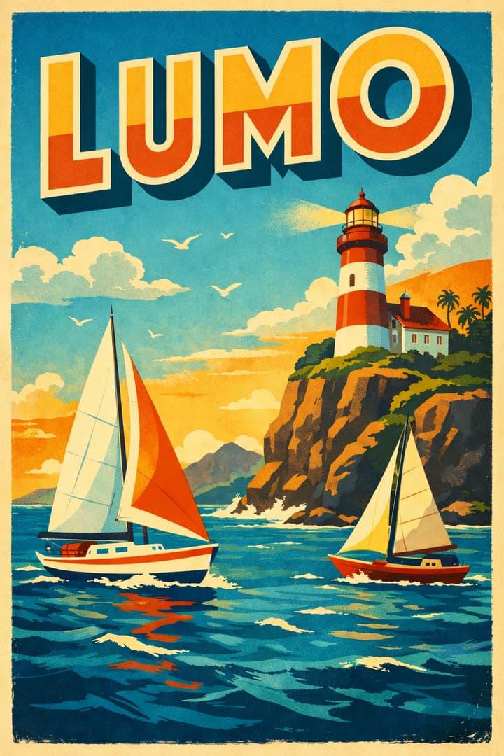 A travel poster for an island called Lumo