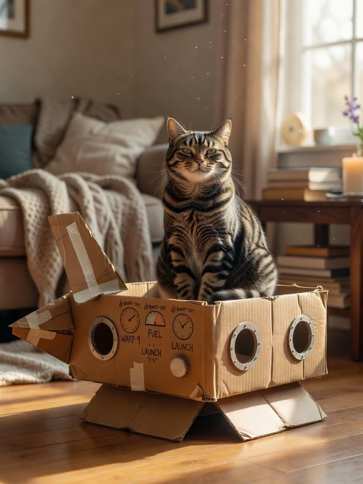 A cat in a cardboard spaceship, a real run on Leap