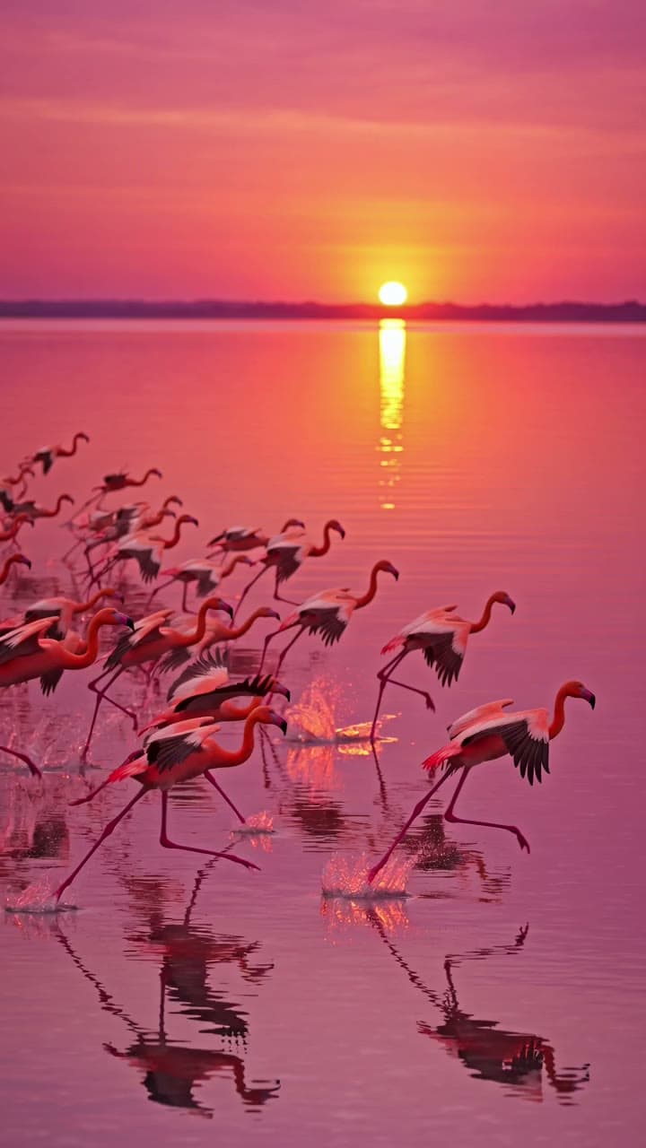 Flamingos lifting off a pink salt lake at sunset