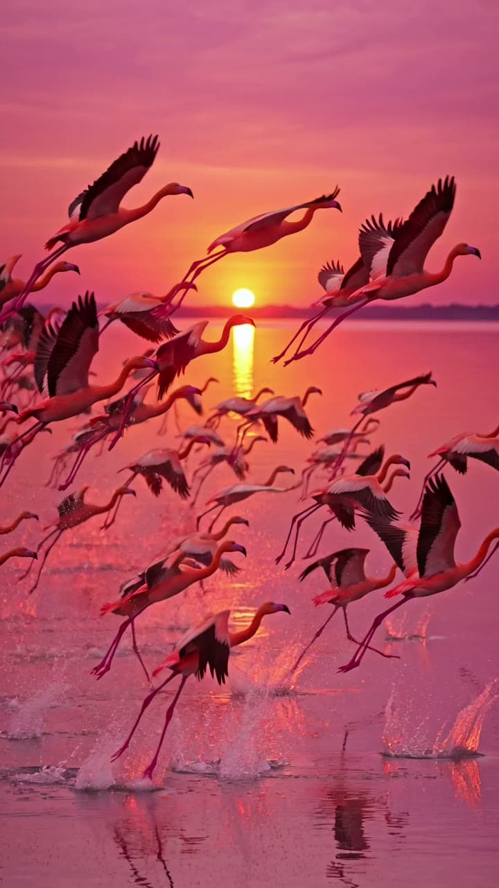 Flamingos lifting off a pink salt lake at sunset