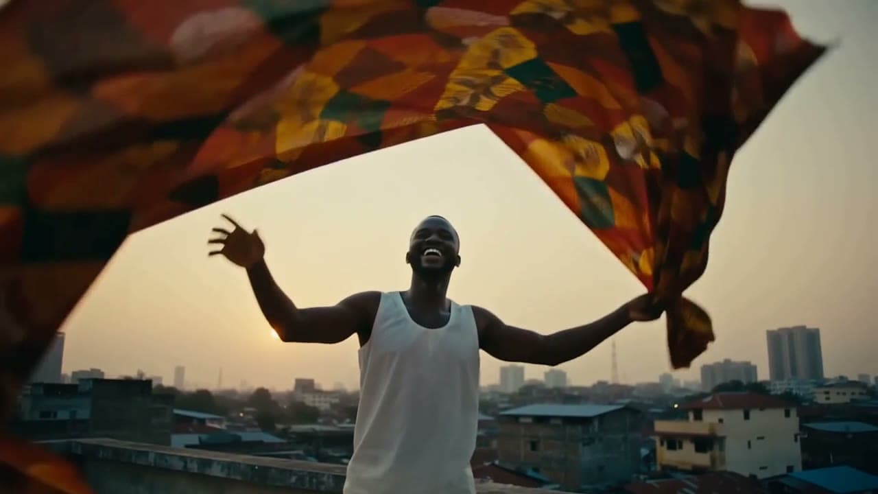 A man lets a wax-print cloth fly on the wind over Lagos
