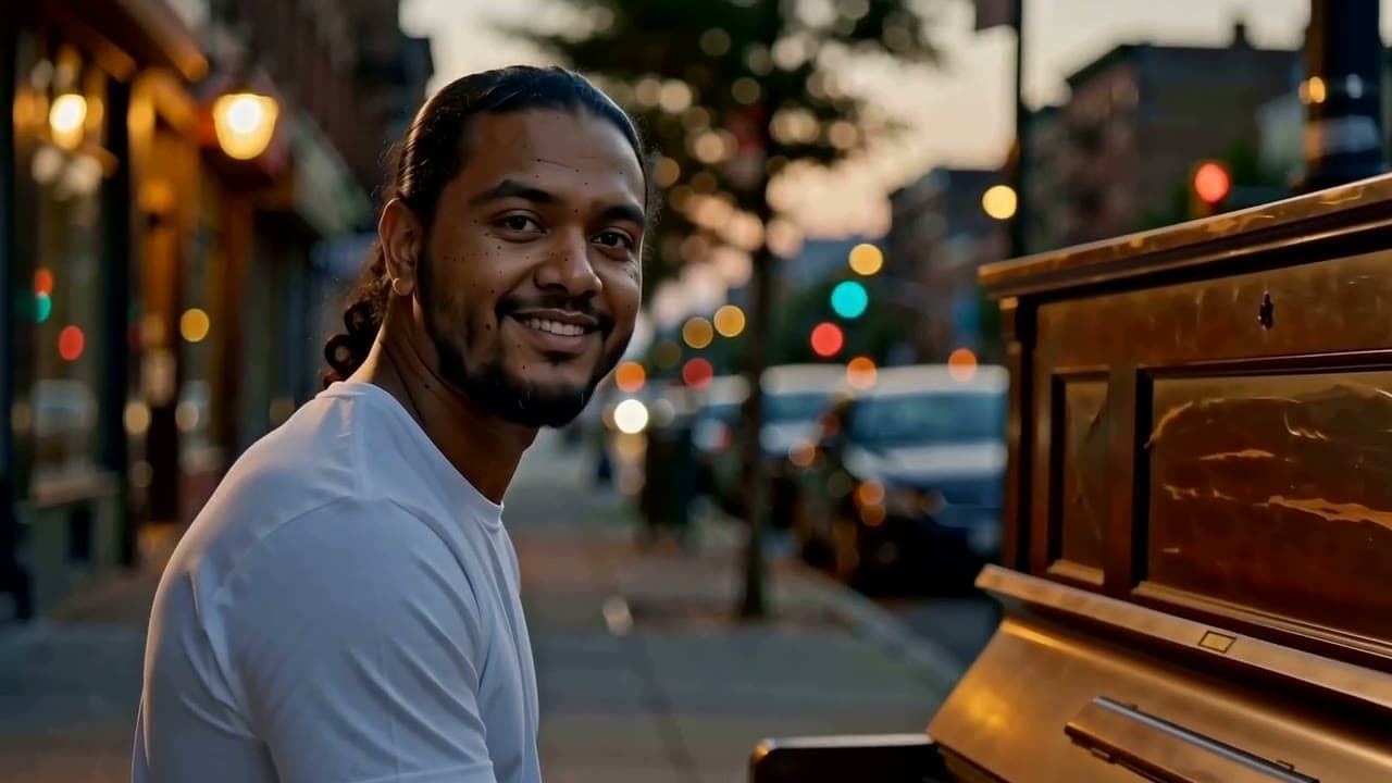 A man with long curly hair tied back plays an upright piano on a city sidewalk at dusk and grins