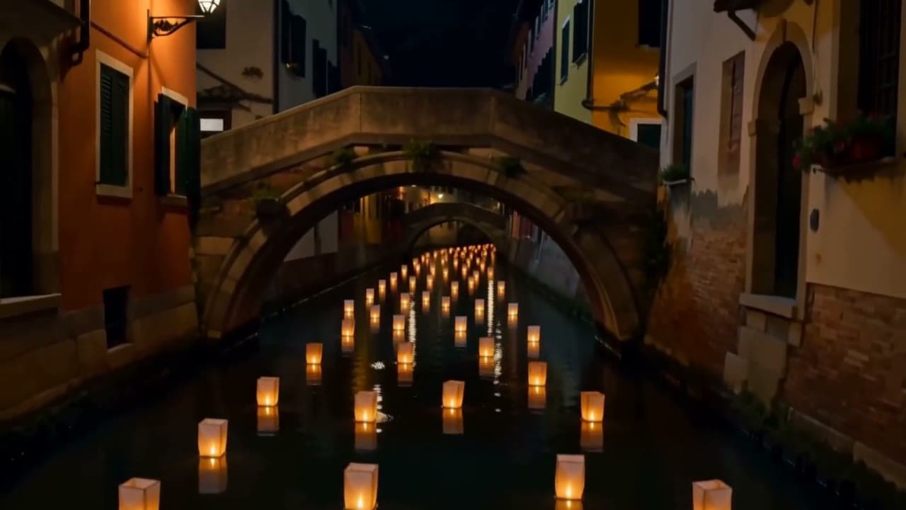 Paper lanterns float down a canal at night