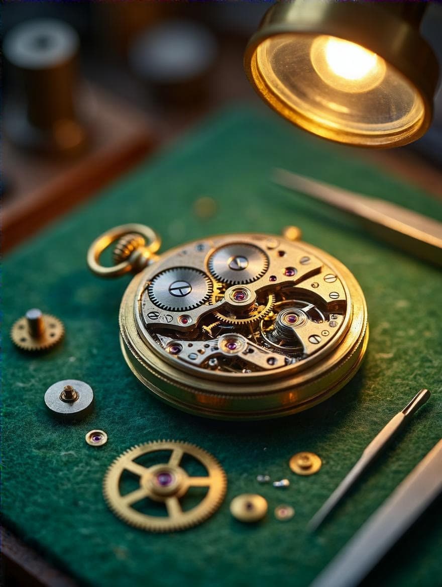 A pocket watch taken apart on green felt, made on Leap