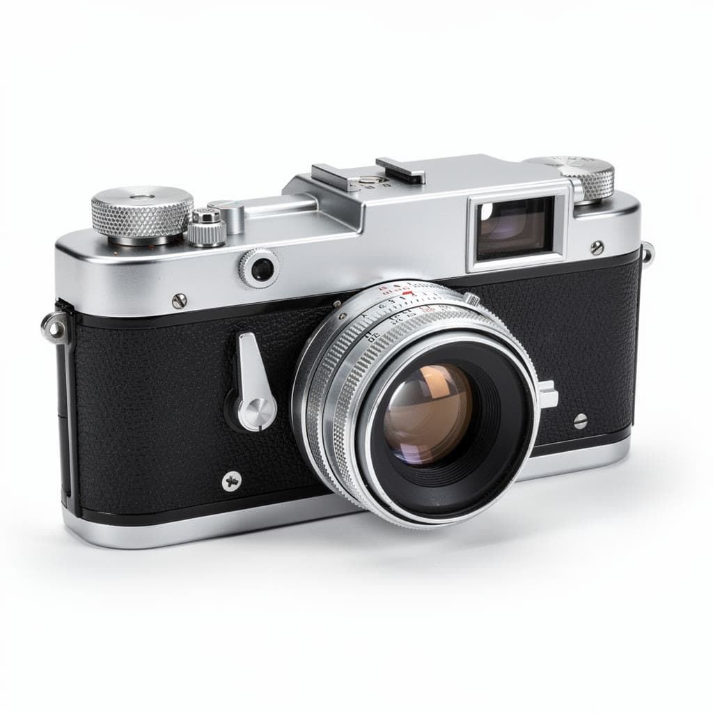 Photo of a silver and black 1960s rangefinder camera on a white background