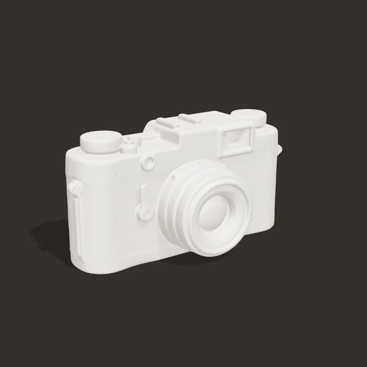 A plain white 3D mesh of a 1960s rangefinder camera, turning on a dark stand
