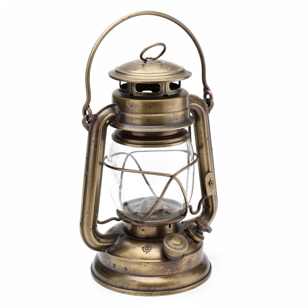 Photo of a brass ship's oil lantern with a glass chimney on a white background