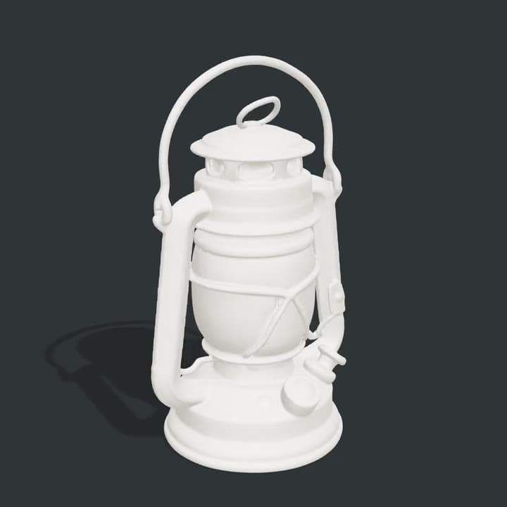 A plain white 3D mesh of a ship's oil lantern with a handle, turning on a dark stand
