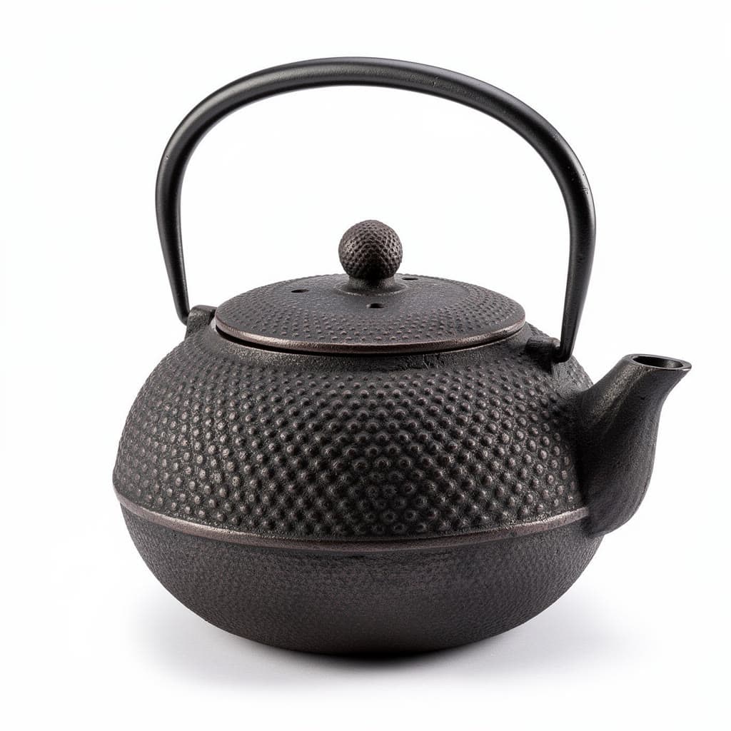 Photo of a black cast-iron Japanese teapot on a white background