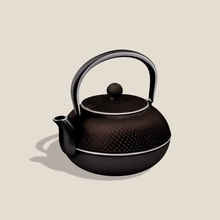 A 3D model of a black cast-iron Japanese teapot with a hobnail pattern, turning on a stand