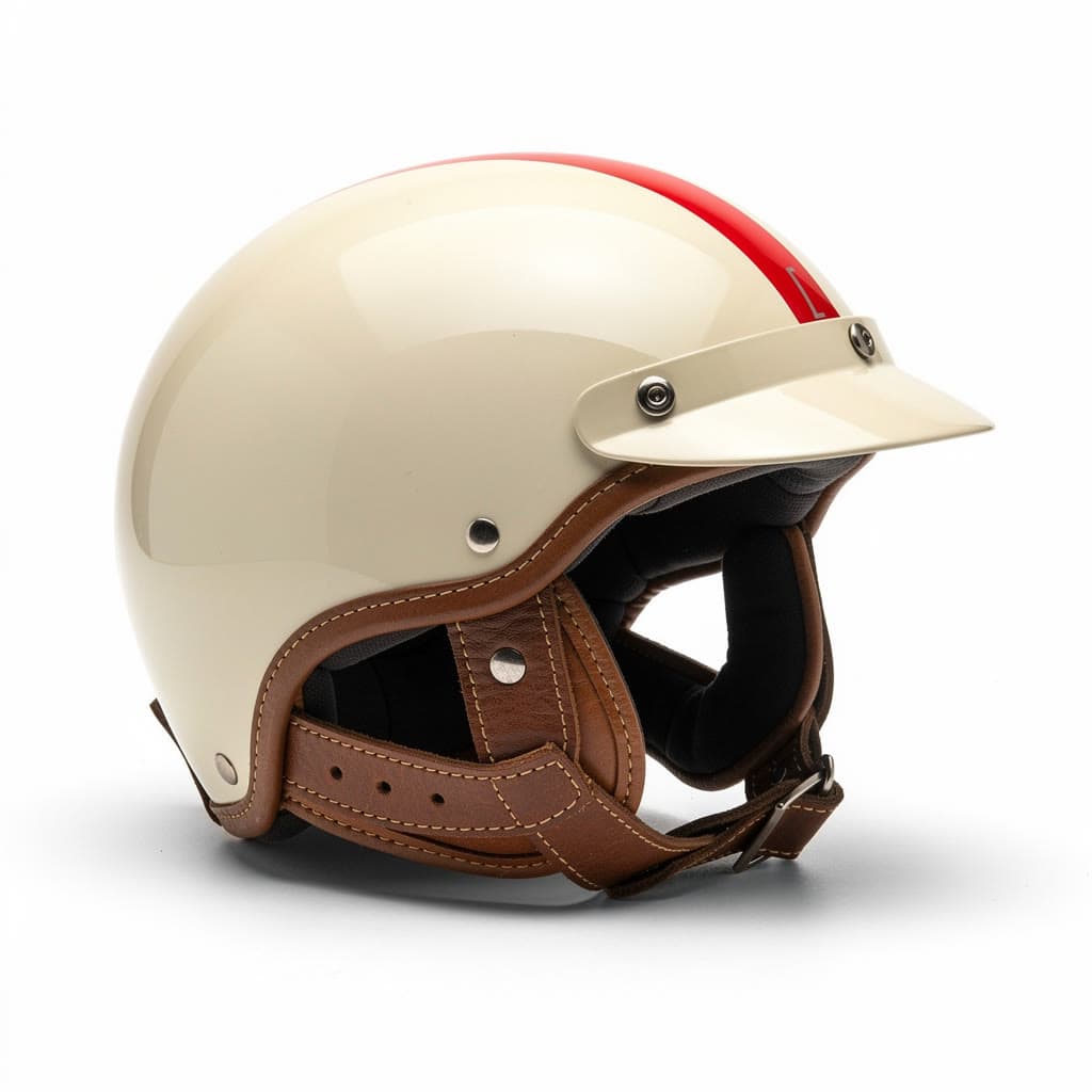 Photo of a cream open-face motorcycle helmet with a red stripe and brown leather straps