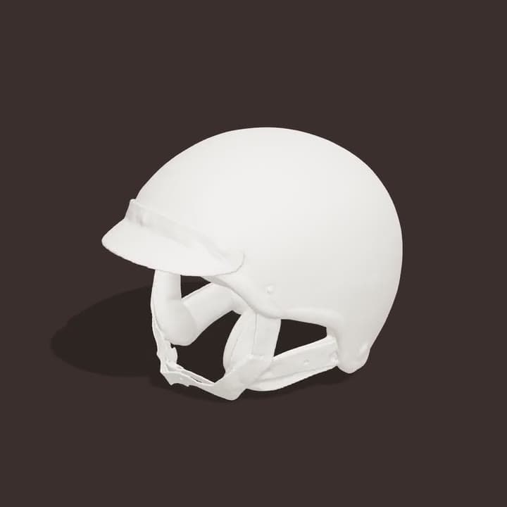 A plain white 3D mesh of an open-face motorcycle helmet with a visor, turning on a dark stand