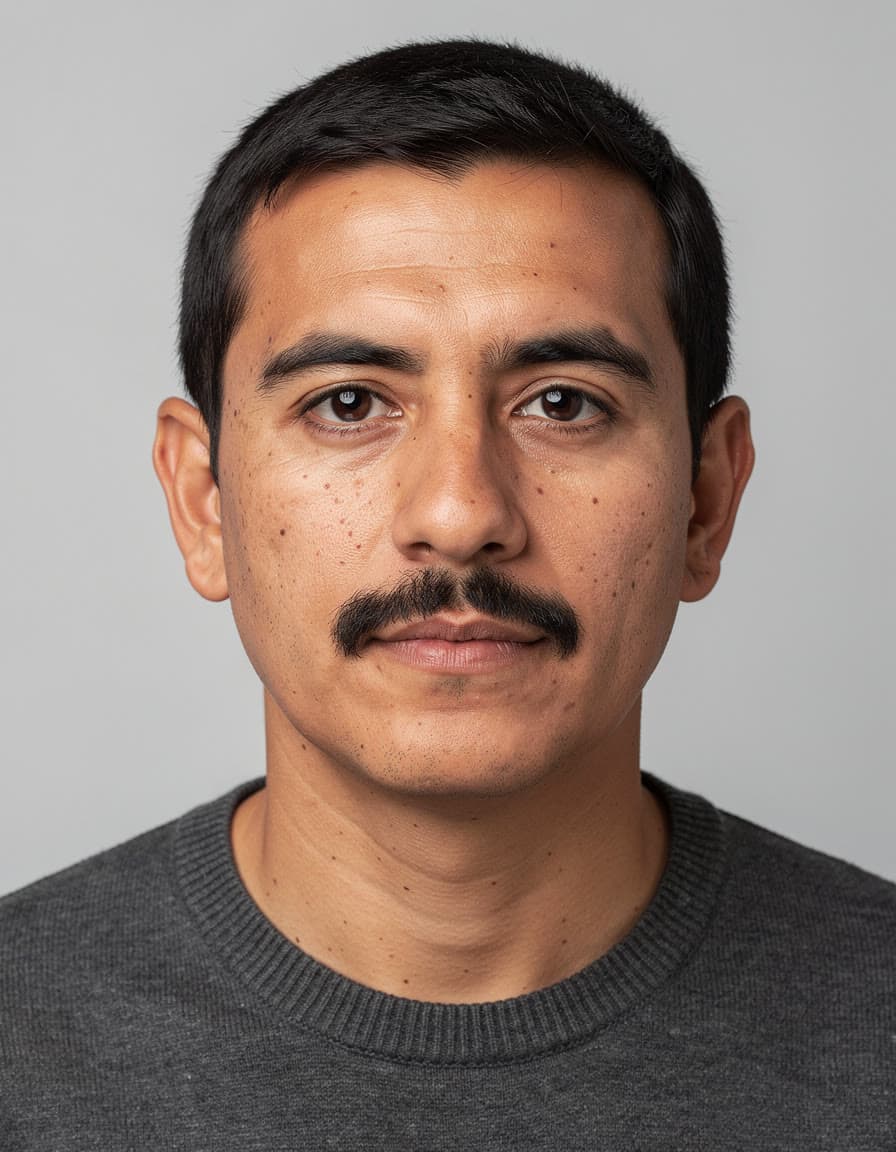 A man with a moustache in a grey sweater, lit flat against a grey backdrop
