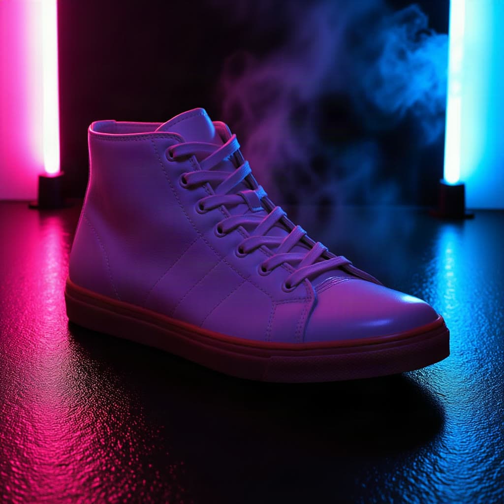 A white sneaker, relit in magenta and cyan neon, a real run on Leap