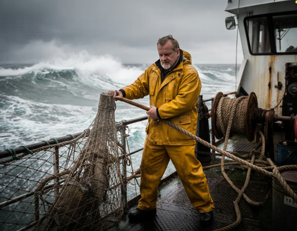 A fisherman in yellow oilskins hauls a net on a trawler's deck in a heavy sea