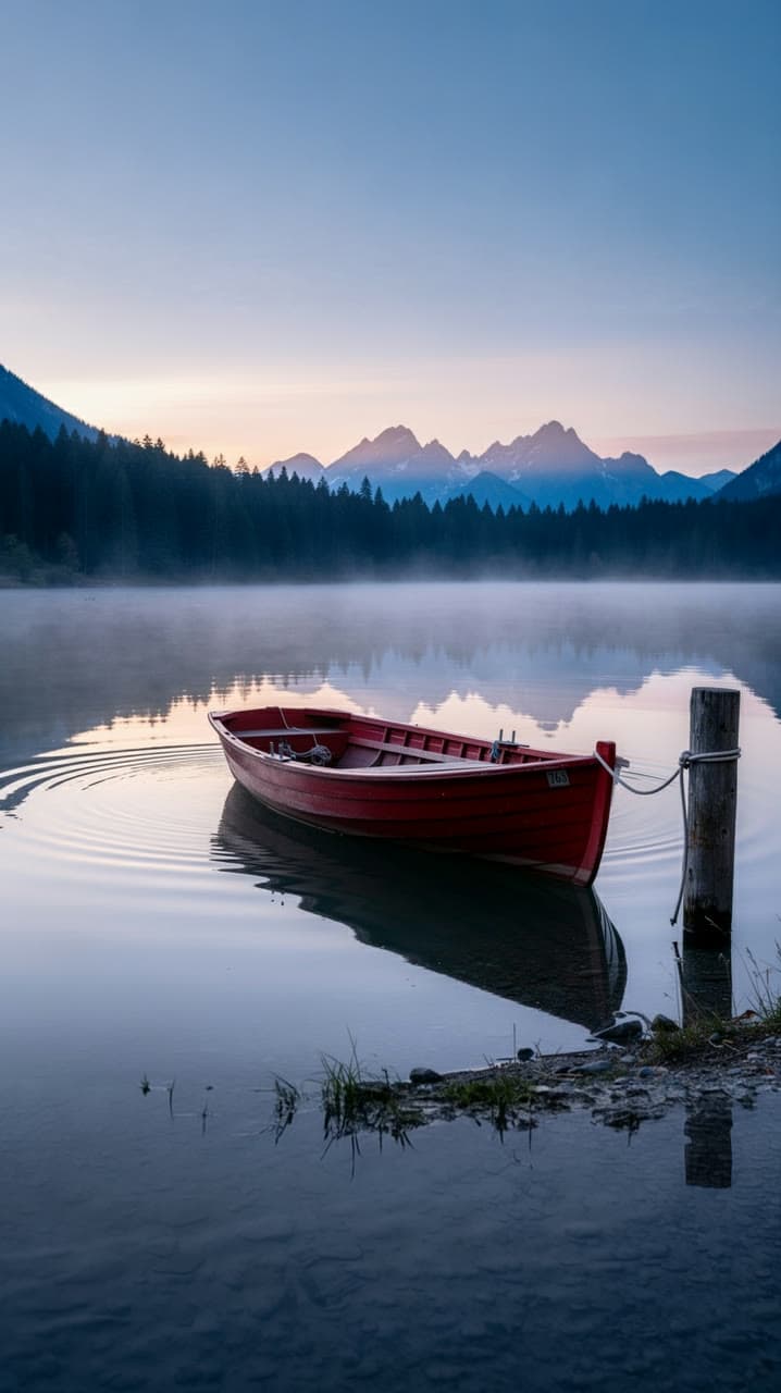 A red rowboat tied to a post on a misty mountain lake at dawn