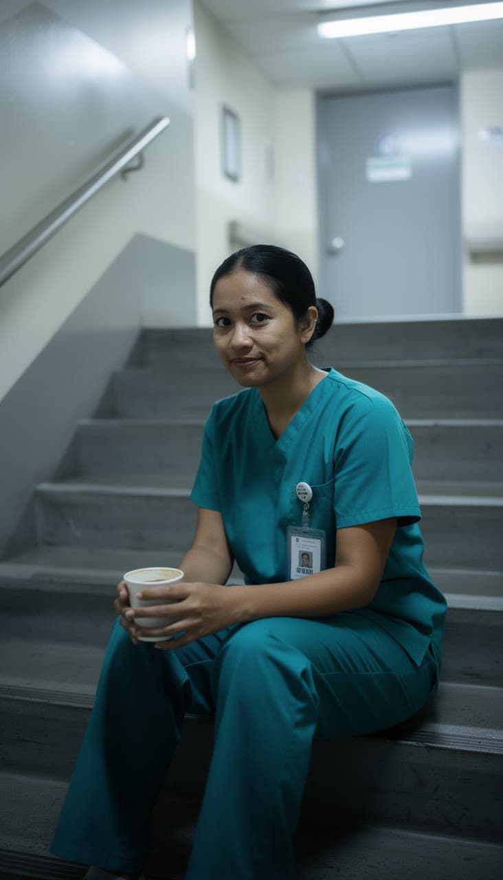 The photo it started from: the nurse sitting on the stairs with a coffee