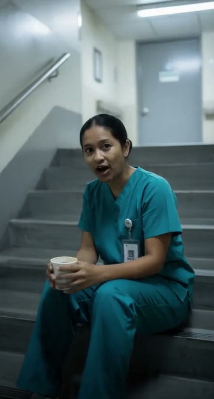 A nurse in teal scrubs on a hospital stairwell talks to the camera with a dry half smile