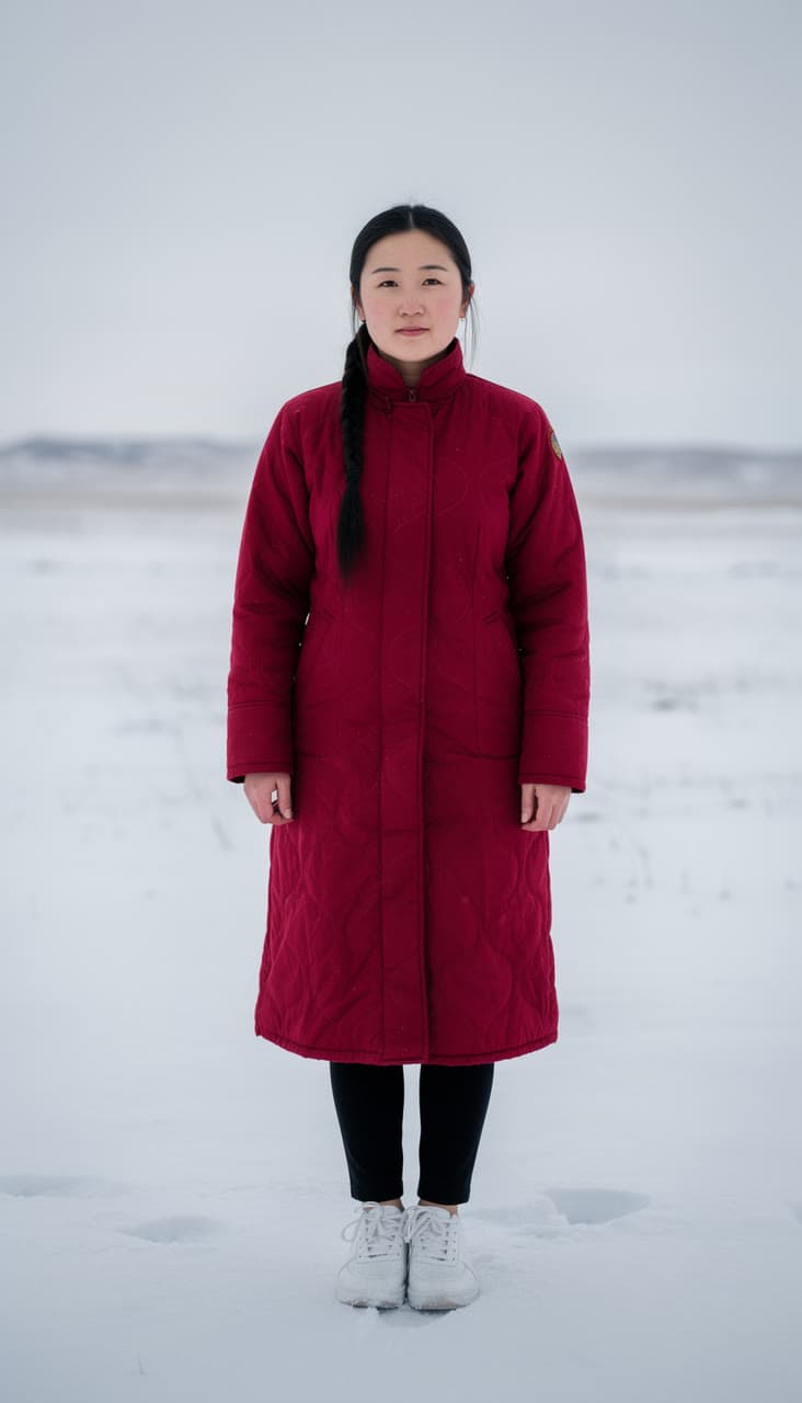 The photo it started from: the same woman standing still in the snow