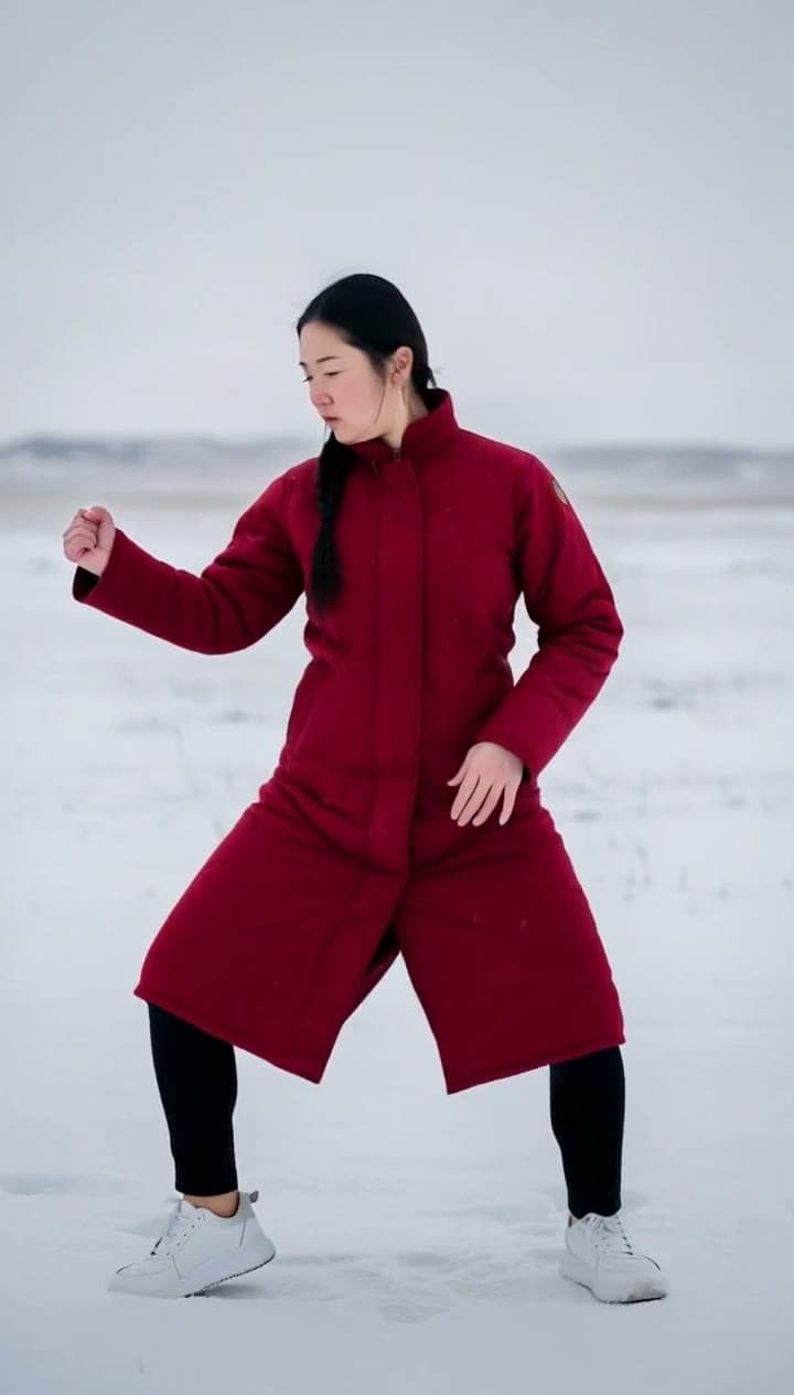 A woman with a long black braid in a crimson coat dances a popping routine on a snowy steppe