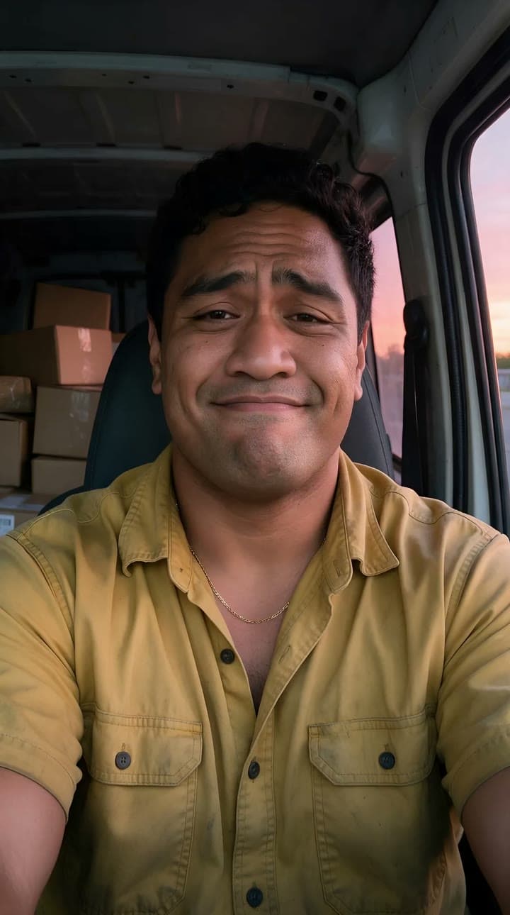 A man in a mustard work shirt sings in the cab of a delivery van at dawn