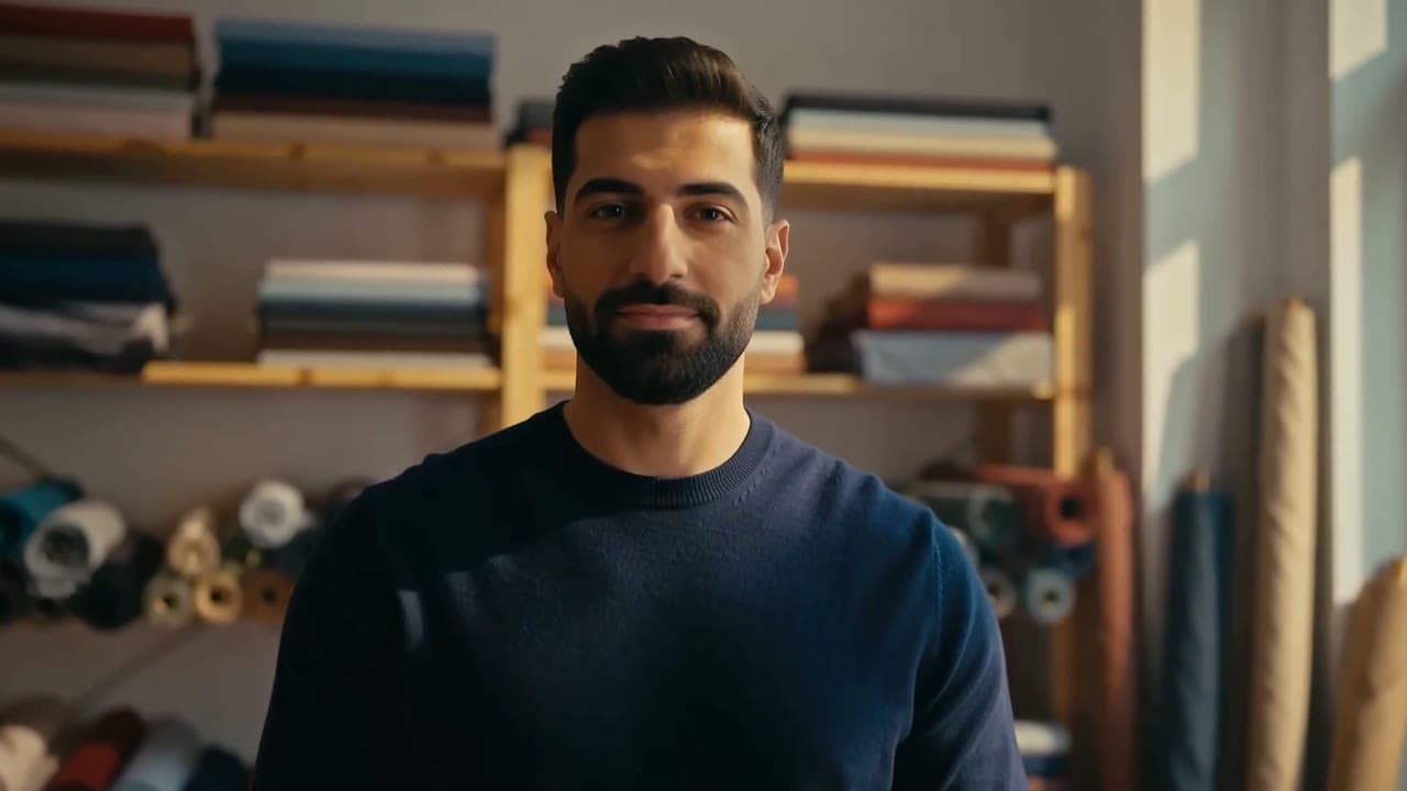 A frame of the clip it started from: the same man in a navy sweater