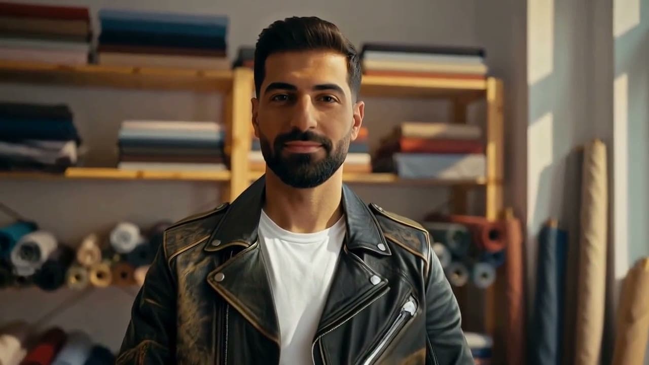 A bearded man in a tailor's workshop in a worn black leather biker jacket