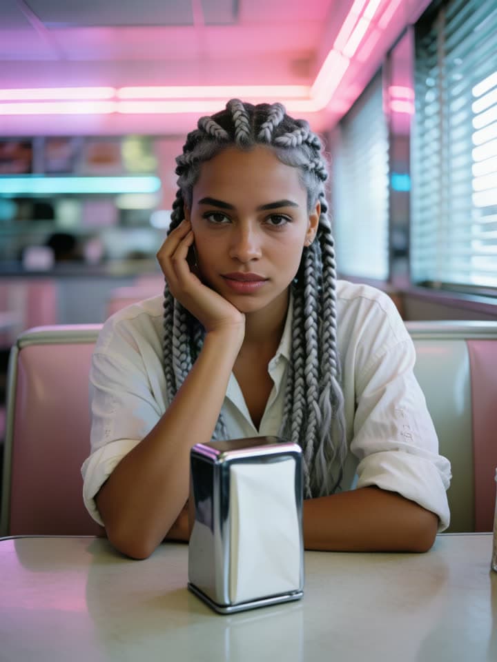 A woman with silver braids sits in a pastel diner booth