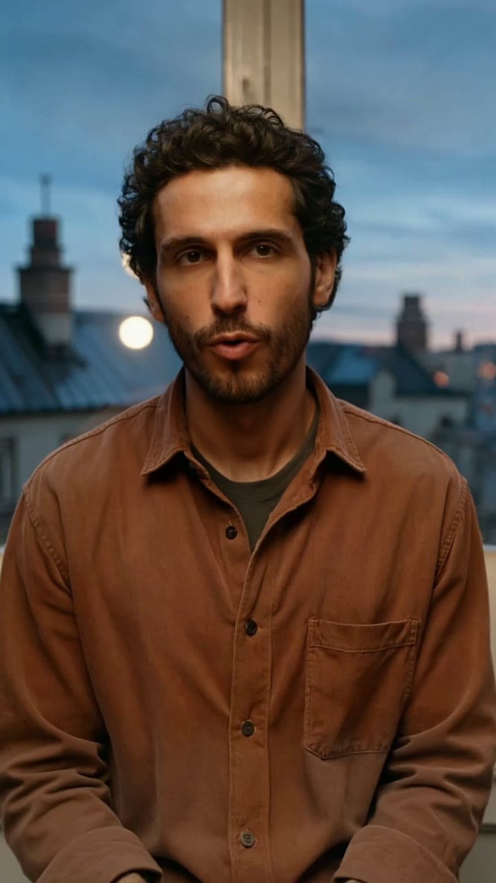 A man with curly hair and a beard in a rust overshirt speaks French at a Paris window at blue hour